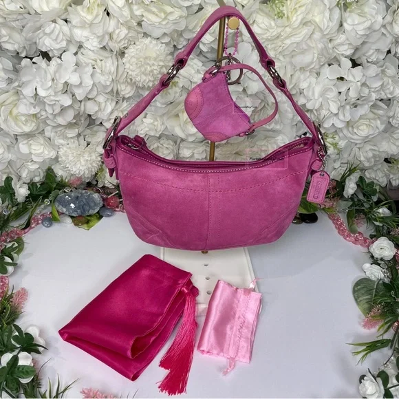 Y2K Vintage Pink Coach Soho Suede Hobo 9658 & Mini Soho Hobo Bag Charm 1659 SET - Picture 3 of 16